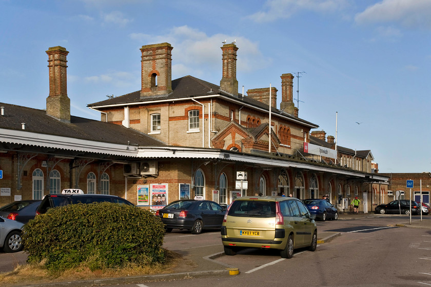 Frontage, Ipswich station 
 The rather grand frontage of Ipswich station is a typical Great Eastern design and built using similar materials to most in this era in this part of the country. There appears to be some debate as to who designed it with many crediting local entrepreneur Peter Bruff (18121900) but others recognising it to be the work of Sancton Wood (18151886); it is certainly in a style more reminiscent of his work. 
 Keywords: Frontage Ipswich station