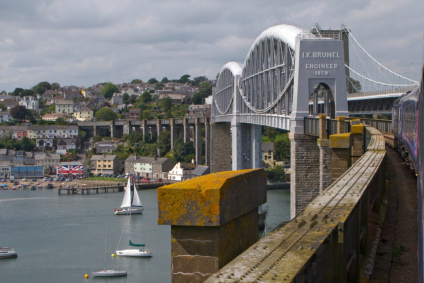 43133, GW 10.06 London Paddington-Penzance, `The Cornish Riviera` (1C77), Royal Albert bridge 
 HST power car 43133 leads the down 'Cornish Riviera' 1C77 accords the Royal Albert bridge leading from Devon into Cornwall. In the past, this iconic and magnificent structure crosses the Tamar and is also known as the Saltash bridge but that name has been applied to the adjacent road bridge that adds to the confusion! 
 Keywords: 43133 10.06 London Paddington-Penzance, `The Cornish Riviera` 1C77 Royal Albert bridge