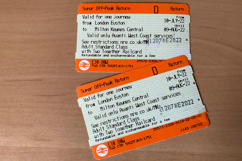 Tickets, London Euston-Milton Keynes Central 
 Our return tickets from Euston to Milton Keynes. There are still excellent value super off-peak tickets available (made even cheaper with railcard discounts) if one can be flexible about times of travel. It's such a shame that things are not made clear to the travelling public who are often missing out on these cheaper tickets due to a general ignorance of the crazy system that we have on the railways. With every ticket review, this situation, it is claimed, will be addressed but as yet nothing has changed; what a scandal. 
 Keywords: Tickets London Euston-Milton Keynes Central