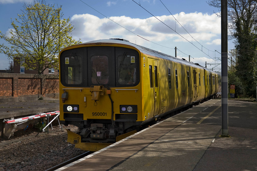 950001, 08.48 Ipswich-Clacton-on-Sea test train, Frinton-on-Sea station 
 Andy and I were interested to see track recording train 950001 earlier in Ipswich yard, see..... https://www.ontheupfast.com/p/21936chg/29996910604/x321328-950001-66593-66532-stabled but we did not expect to see it in action! Catching us unawares at Walton-on-the-Naze station it passes through heading west having just visited Walton-on-the-Naze as the 08.48 Ipswich to Clacton-on-Sea recording train. 
 Keywords: 950001 08.48 Ipswich-Clacton-on-Sea test train Frinton-on-Sea station