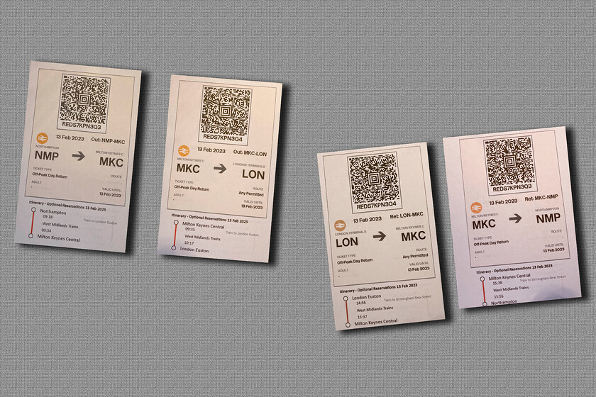 11.Tickets, Northampton-London Euston-Northampton (in reality MKC) 
 My e-tickets for the return trip to Euston from Northampton. However, due to a heavy delay on my final journey from Kings Langley, I was going to miss a connecting train to Northampton and then a bus home to Roade. I decided to shorten the journey and catch a bus from Milton Keynes instead but this still incurred a wait of just under an hour. All this appeared to be down to a freight blocking the line at Wembley Central blocking the down slow line. 
 Keywords: Tickets Northampton-London Euston-Northampton in reality MKC