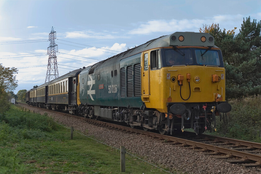 50026, 14.42 Wansford-Peterborough Nene Valley (2B63), Sutton Cross TL106979 
 Having been failed earlier in the day 50026 'Indomitable' has been repaired and back in operation again. It's a good job as pioneer Type 2 20001 had also been taken out of service within the last hour causing further issues with the intensive autumn gala timetable. The Class 50 leads the 14.42 Wansaford to Peterborough Nene Valley past Sutton Cross. 
 Keywords: 50026 14.42 Wansford-Peterborough Nene Valley 2B63 Sutton Cross TL106979 Indomitable