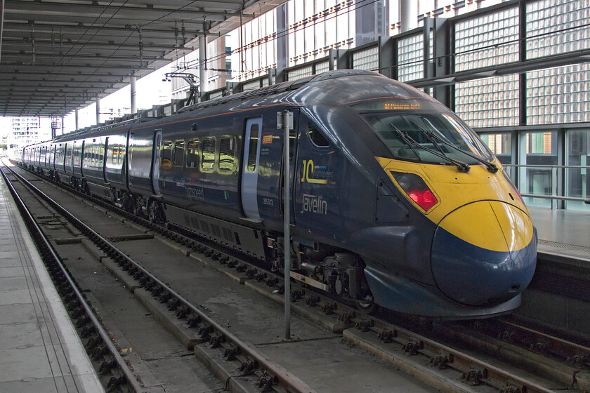 395013, SE 09.55 Margate-London St. Pancras (1J25, 23L), London St. Pancras station 
 I have taken photographs in and around St. Pancras station over many years but have yet to get in on the SouthEastern platforms. Having tapped in to gain access to the platforms I managed a standard three-quarter view of Javelin 395013 'Hornby Visitor Centre'. The unit had worked in as the 09.55 from Margate and would soon be returning out via east London. These handsome units were introduced back in 2009 and marked a step change for the customers of the southeast bringing whole new levels of speed and service. However, their full capabilities have not quite been exploited with their speed a little stymied on the old lines of Kent! In addition, I have yet to travel on one of these trains but that was about to change....... 
 Keywords: 395013 09.55 Margate-London St. Pancras 1J25 London St. Pancras station South Eastern Javelin Hornby Visitor Centre