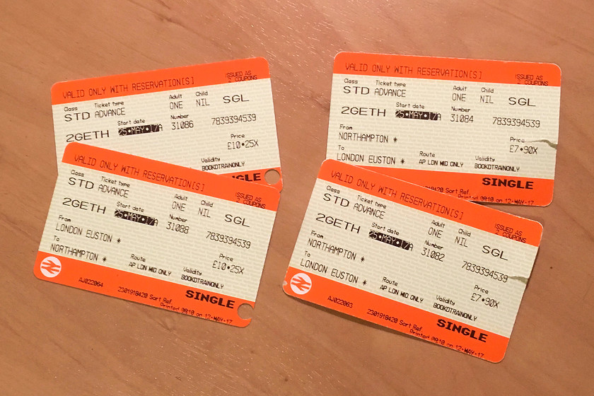 Tickets, Northampton-London Euston-Northampton 
 Our tickets to and from Euston, 36.30 is a little above the average that we normally pay for this journey.