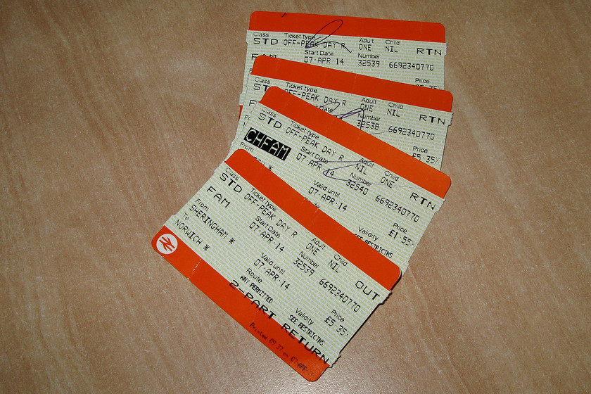 Tickets, Sheringham-Norwich-Sheringham 
 Some of our tickets for our return journey from Sheringham to Norwich. Unfortunately, as can be seen, I managed to misplace some of the tickets. 
 Keywords: Tickets Sheringham-Norwich-Sheringham