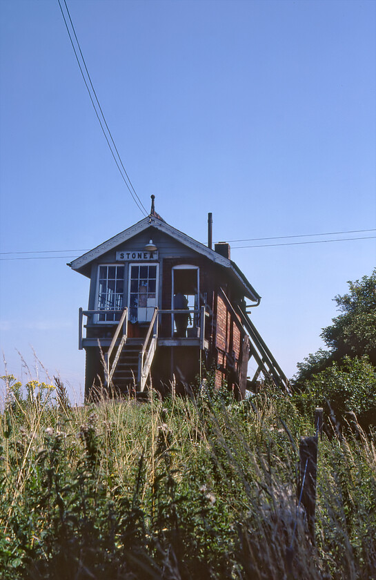 Stonea signal box (GE, 1883) 
 Stonea signal box looks as though it may be structurally compromised judging by this image taken showing the rear. Indeed, after giving up trying to support the structure BR capitulated and a couple of years after this photograph was taken the 1899 Great Eastern box was demolished and replaced with a Portakabin. Unfortunately for the signalmen, the gates had to be closed manually and were a good distance from the box so he had to make a dash to and from twice every time a train passed with one recounting on Facebook saying that this used to keep him fit! 
 Keywords: Stonea signal box GE Great Eastern