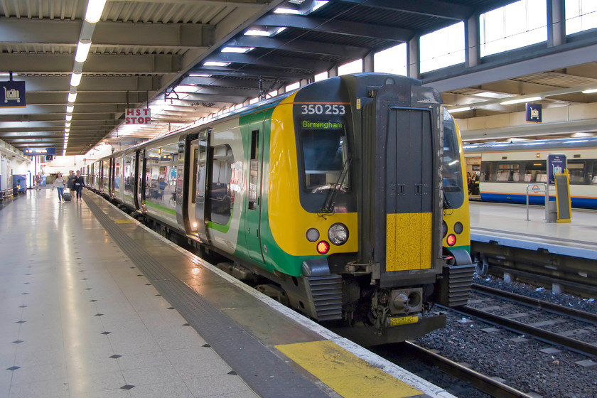 350253, LM 19.49 London Euston-Birmingham New Street (1Y79), London Euston station 
 Our train home from Euston waits at Euston's platform seven. London Midland's 350253 will work the 19.49 to Birmingham New Street that we took as far as Northampton. 
 Keywords: 350253 19.49 London Euston-Birmingham New Street 1Y79 London Euston station London Midland Desiro