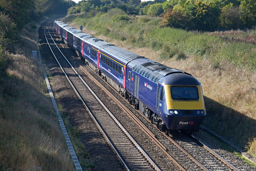 43179 & 43164, GW 13.57 Bristol Parkway-London Paddington (1L62), Hay Lane bridge SU108824 
 As the autumn afternoon sun gets low in the sky the shadows begin to lengthen and darken the GWML just west of Swindon. 43179 'Pride of Laira' and 43164 pass Hay Lane bridge working the 13.57 Bristol Parkway to Paddington. Despite its appearance, this is a busy and noisy spot on a main road just off the M4 motorway 
 Keywords: 43179 43164 13.57 Bristol Parkway-London Paddington 1L62 Hay Lane bridge SU108824