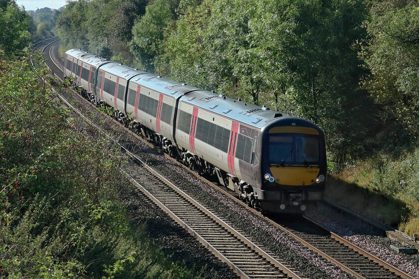 170618 & 170116, XC 07.45 Cardiff Central-Nottingham (1M92, 1L), Harlaston bridge SK210086 
 A rather backlit position sees CrossCountry's 170618 and 170116 pass Harlaston bridge between Burton-on-Trent and Tamworth working the 07.45 Cardiff to Nottingham service. This is one of CrossCountry's strengthened units created by pairing a three-car unit with a two-car one. However, with no inter-connection facility on the Turbo units manning the services is a bit of a conundrum. 
 Keywords: 170618 170116 07.45 Cardiff Central-Nottingham 1M92 Harlaston bridge SK210086 CrossCountry Turbo