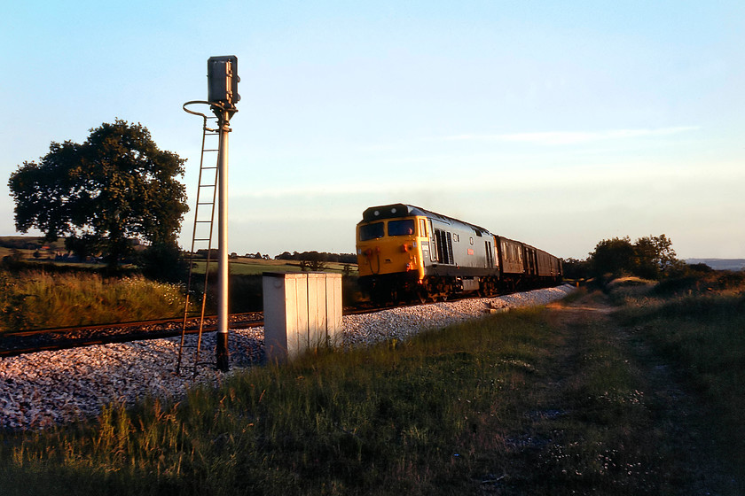 50026, unidentified up parcels, Burlescombe ST071168 
 Despite being some two years away from its refurbishment 50026 'Indomitable' looks very smart in the late evening sun. It is leading a second up parcels working that I also have not been able to identify climbing Whiteball bank near to the village of Burlescombe. The colour light is Whiteball's distant signal and is electronic due to the considerable distance from the signal box. Notice in the consist behind the GUV is a Southern van of which many examples were still in everyday use at this time. Our campsite for the night was just adjacent to where I am standing behind a hedge that made for a disturbed night as various trains, including Sleeper services, passed! 
 Keywords: 50026 up parcels Burlescombe ST071168 Indomitable