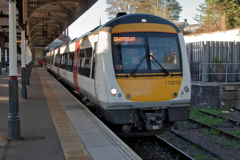 170273, GA 16.45 Norwich-Sheringham (2S26, RT), Norwich station 
 A bit of luxury for our journey back from Norwich to Sheringham! The 2S76 16.45 service was rostered for 170273 rather than the usual class 156 fare. My wife, in particular, was impressed with the interior and comfort of this unit so it must have been very good! It is seen here a short while before departure from Norwich station. 
 Keywords: 170273 GA 16.45 Norwich-Sheringham 2S26 Norwich station