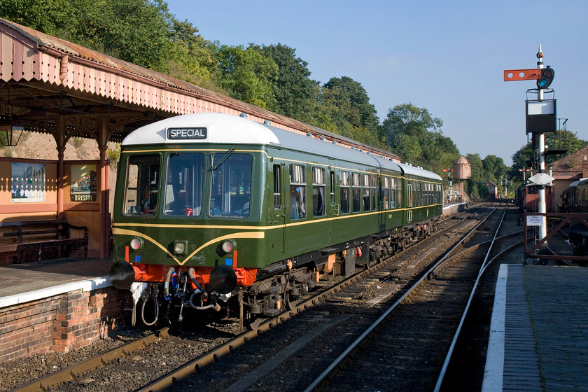 M56208 & M50933, 15.56 Bewdley-Kidderminster, Bewdley station 
 Just one thing spoils this image of a resplendent Class 108 DMU standing in a period-perfect Bewdley station and that is the BR era high-intensity light on M56208! Along with M50933 (leading), the duo will soon work the 15.56 to Kidderminster towards the end of the first day of the SVR's autumn diesel gala. Notice the GWR lower quadrant backing signal at the 'wrong' end of platform one complete with a route describer to assist drivers as to where the signalman is sending their train. 
 Keywords: M56208 M50933 15.56 Bewdley-Kidderminster Bewdley station