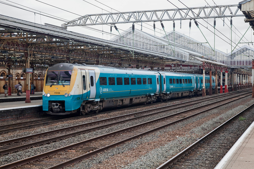 175106, AW 14.31 Manchester Piccadilly-Milford Haven (1V46, 16L), Crewe station 
 I have always had an interest in these class 175s Coradias. They are the same family as the class 180s and were built at Washwood Heath in Birmingham. They are coming up for twenty years old now, that is as long as some of the first generation DMUs were in service. They are limited to certain lines partly because they cannot operate on ETCS equipped track. Here, 175106 arrives at Crewe station working the 14.31 Manchester Piccadilly to Milford Haven, a journey that it will have done many times! 
 Keywords: 175106 1V46 Crewe station