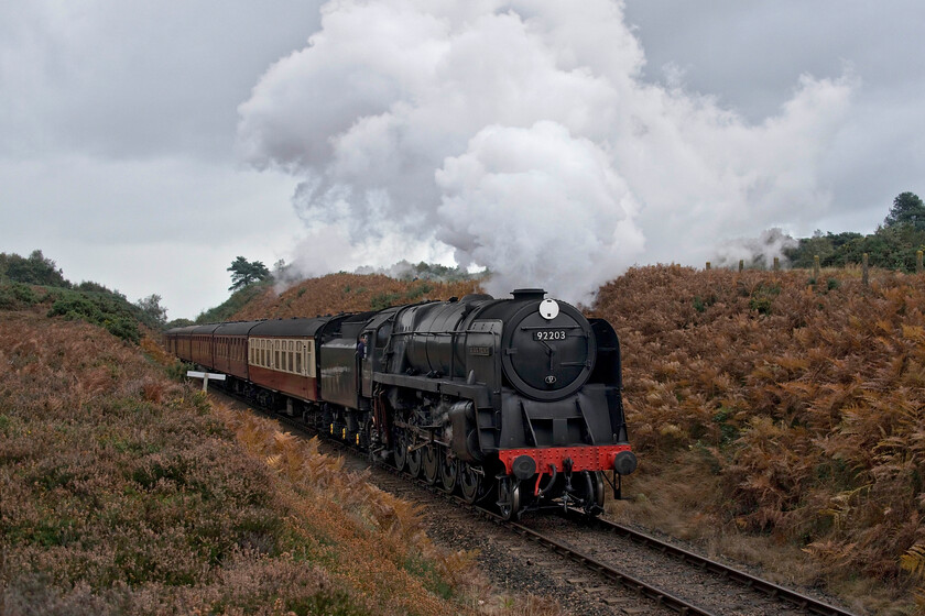 92203, 10.00 Sheringham-Holt, Kelling Heath 
 9220 'Black Prince' makes light work of the accent of Kelling bank leading the 10.00 Sheringham to Holt service. For once the wind was blowing the right direction, even if had veered to a strong and cold northwesterly, so as to blow the smoke from the chimney of the 9F away from the locomotive and train. However, if the sun had been out I would have been forced to the other side of the track at Kelling Heath and thus the view of the stock would have been obliterated! 
 Keywords: 92203 10.00 Sheringham-Holt Kelling Heath 9F 2-10-0 Black Prince