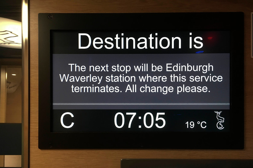 Display panel, CS 23.36 London Euston-Glasgow Central & Edinburgh Waverley sleeper (via Manchester) (1S26 & 1B26, RT), approaching Edinburgh Waverley 
 As well as having excellent and very large matrix displays on the exterior panels of the coaches, the CAF Mk. V sleeper stock also has these carriage end displays. There were a series of rolling displays giving lots of information about the train, such as this as well as Scotland and what to do and where to stay, all very useful and geared towards the many visitors who are expected to use the sleeper services. 
 Keywords: Display panel 23.36 London Euston-Glasgow Central Edinburgh Waverley sleeper 1S26 1B26 approaching Edinburgh Waverley