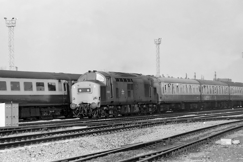 37233, outward leg of The Pines Express, 07.48 London Paddington-Weymouth (via Bristol & various freight lines), Westbury South 
 With the lighting towers of Westbury yard and depot towering above the scene, 37233 leads The Pines Express out through the South yard. By now, the railtour was nearly two hours late after a number of problems relating to motive power issues. Things did not improve and the planned route had to be modified severely later in the day. 
 Keywords: 37233 The Pines Express 07.48 London Paddington-Weymouth Westbury South