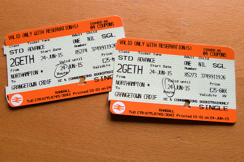 Tickets, Northampton-Grangetown 
 Unfortunately, the journey from Northampton to Grangetown (Cardiff) was not undertaken via split ticketing but as one end to end journey and this made quite a difference to the cost. The off-peak advanced fare, even with our two together discount loaded, still worked out to be 25.60 apiece that seemed a little on the pricy side. 
 Keywords: Tickets Northampton-Grangetown