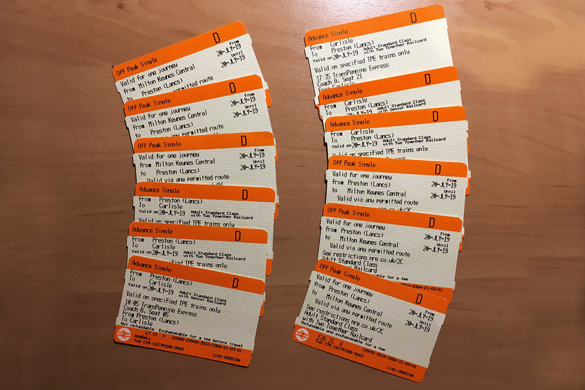 Tickets, Milton Keynes Central-Carlisle-Milton Keynes Central 
 A substantial collection of tickets for the three of us to get from Milton Keynes to Carlisle and back! Split ticketing got the costs down a fair bit but even using a combination of railcards still resulted in surprisingly expensive fares considering that they were bought fairly well advanced. 
 Keywords: Tickets Milton Keynes Central-Carlisle-Milton Keynes Central