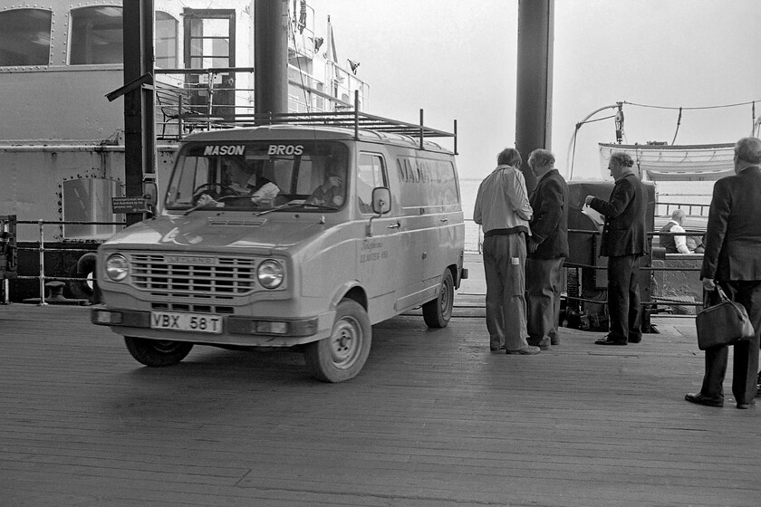 Unloading MV Farringford, Hull Corporation Pier 
 The unloading of MV Farringford at Hull Corporation Pier is underway after the arrival of the 16.50 sailing from New Holland Pier. Mason Brothers' Sherpa van, VBX 58T, is some way from home being registered in Haverfordwest (South Wales) unless it is some sort of cherished number? The 1978 yellow van was last on the road in 1988 hopefully having completed ten years of stirling service for the brothers and their building business! A member of the crew appears to be studying what is possibly a manifest checking the vehicles and passengers off the vessel. 
 Keywords: Unloading MV Farringford Hull Corporation Pier Sealink Leyland Sherpa