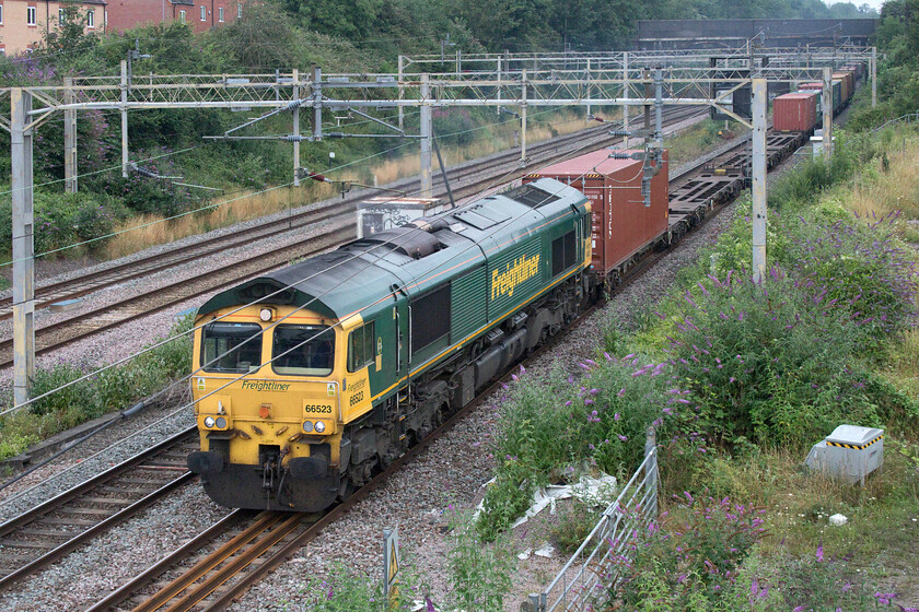 66523, 03.39 Garston-London Gateway (4L32, 6E), site of Roade station 
 66523 heads the 4L32 03.39 Garston to London Gateway Freightliner service past the site of Roade station. Notice the buddleia growing close to the track, a feature of much of the railway network particularly at this time of year when it is in full flower and attracting many butterflies, see......https://www.bbc.co.uk/news/magazine-28196221 
 Keywords: 66523 03.39 Garston-London Gateway 4L32 site of Roade station Freightliner