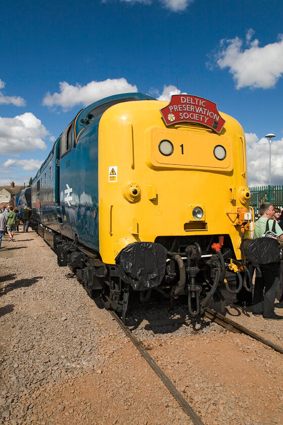 55019, on display, Mallard 75 celebrations, Grantham Yard 
 A fine sight at the Mallard 75 event next to Grantham station sees 55019 'Royal Highland Fusilier' basking in the afternoon sunshine. As can be seen from the line of visitors to the right there was much interest in the Deltic with them forming an orderly queue to climb into the cab. 
 Keywords: 55019 Mallard 75 celebrations Grantham Yard Royal Highland Fusilier