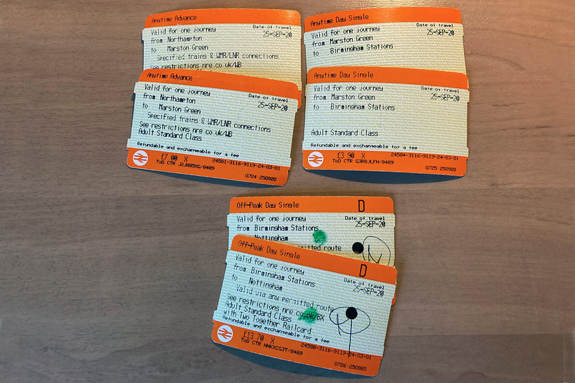 Tickets, Northampton-Nottingham 
 Our tickets from Northampton to Nottingham. As is always the case, I used split ticketing to reduce the fare and it did make some saving on the single start to finish fare. The oddest split on this particular journey, that I have never had before, was Northampton to Marston Green and then on to Birmingham New Street that saved a few pence but, as they say, 'Every penny counts!' 
 Keywords: Tickets Northampton-Nottingham