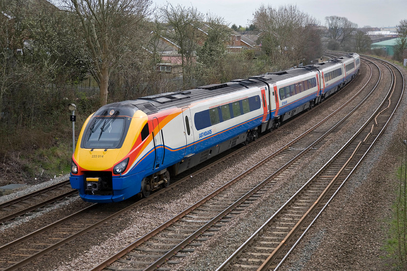 222014, EM 11.01 London St. Pancras-Corby (1M26), Broadway SP864771 
 Taking the down slow line on the approach to Kettering, 222014 prepares for its stop at the station a short distance behind where I am taking the picture on the Headlands footbridge. The Meridian is forming the 11.01 St. Pancras to Corby 1M26 service. 
 Keywords: 222014 11.01 London St. Pancras-Corby 1M26 Broadway SP864771 East Midlands Trains Meridian