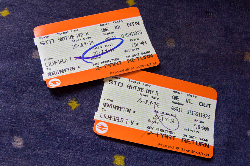 Tickets, Northampton-Lichfield Trent Valley-Northampton 
 My return tickets from Northampton to Lichfield Trent Valley. At 18.90 this was not the cheapest way or ticket type but I needed a degree of flexibility for my return journey. 
 Keywords: Tickets, Northampton-Lichfield Trent Valley-Northampton