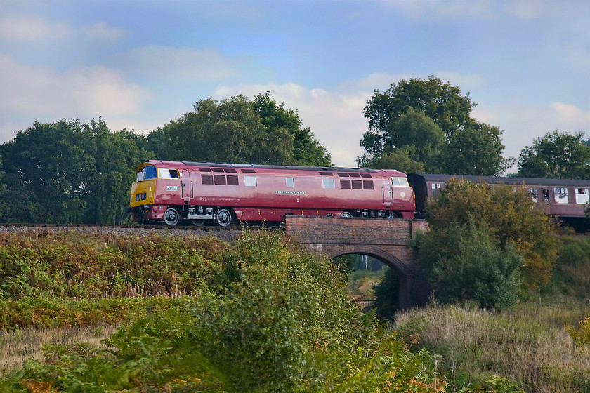 D1015, 10.40 Kidderminster-Bridgnorth, Droppingwells Farm Lane SO804744 
 Looking superb in its maroon paintwork D1015 'Western Champion' passes near to Droppingwells Farm Lane leading the 10.40 Kidderminster to Bridgnorth service. This Class 52 is a resident of the Severn Valley Railway being in the care of the Diesel Traction Group who have their base at Kidderminster. At the present time, D1015 is mainline registered and sees occasional use on railtours and traction moves around the country. 
 Keywords: D1015 10.40 Kidderminster-Bridgnorth Droppingwells Farm Lane SO804744 Western Champion