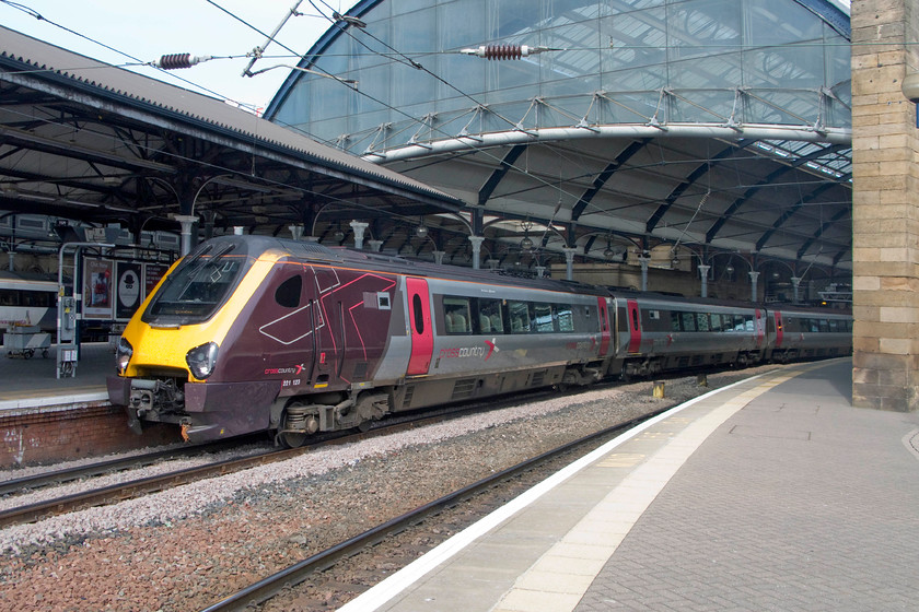 221123, XC 13.00 Glasgow Central-Plymouth (1V66), Newcastle station 
 Newcastle station is a magnificent structure that is grade I listed. It is very well maintained and has frequently been the winner or runner up of the best large station award. In this view of the western end the size and grandeur of the train shed can be seen with 221123 standing underneath working the 13.00 Glasgow Central to Plymouth. 
 Keywords: 221123 13.00 Glasgow Central-Plymouth 1V66 Newcastle station