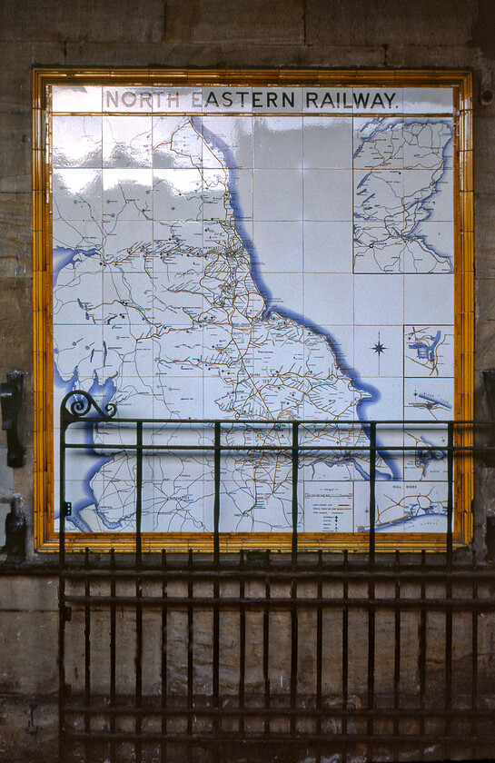 NER tiled map, Whitby station 
 The NER tiled map at Whitby looks superb in its original location on platform two. Today it is still extant, one of twelve maps left in existence and just one of nine in their original locations. I have images of a number of them, most recently one undergoing restoration at Bridlington station, see....https://www.ontheupfast.com/p/21936chg/30044658350/andy-ner-restored-tiled-map-bridlington 
 Keywords: NER tiled map Whitby station