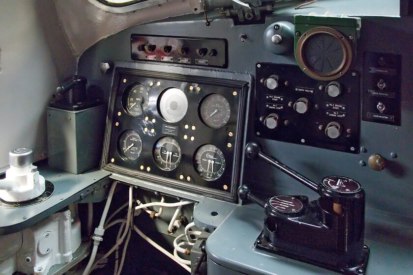 Driver's controls, 55015, on display, DPS Depot, Barrow Hill 
 The driver's control of 55015 'Tulyar' is seen having been restored by the dedicated team of the Deltic Preservation Society. The Deltic will soon once again be firing up its twin Napier D18-25 engines creating a heated roar behind the cab! Studying the cab controls the simple and somewhat archaic layout with very few dials and controls is a marked comparison to the interior of a modern train cab. I suppose the way in which it could be put into perspective is to compare the controls of a modern-day car with one from the 1960s. 
 Keywords: Driver's controls 55015 on display, DPS Depot Barrow Hill Tulyar DPS Deltic Preservation Society