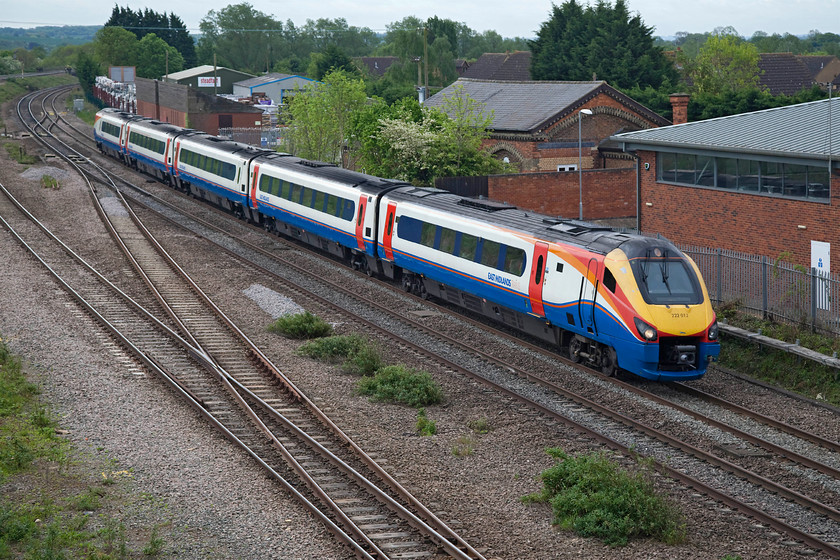 222012, EM 09.00 London St. Pancras-Corby (1M16, RT), Templars Way bridge, Sharnbrook 
 222012 heads northwards past the site of the old Sharnbrook station forming the 09.00 St. Pancras to Corby. This was yet another dull and grey spring day that typified the first half of 2107. 
 Keywords: 222012 1M16 Templars Way Bridge Sharnbrook