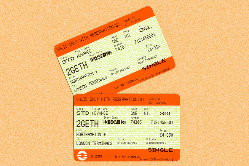 Tickets, Northampton-London Euston 
 My wife and I had our fare kindly paid for us by her company, not that a total of 9.90 will have broken their bank - perhaps we should have chanced our luck and travelled first class! 
 Keywords: Tickets Northampton-London Euston