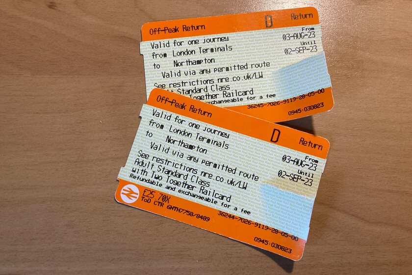 Tickets, London Euston-Northampton 
 Our return tickets from London to Northampton unlike the outward ones were checked just once on arrival back at Northampton. Travelling ticket checks appear to have become very rare on London Northwestern southwards towards London; I cannot remember the last time one took place. However, with many trains now full and standing, as both our outward and return trains were, it is tricky for the guard to move around their train. 
 Keywords: Tickets London Euston-Northampton