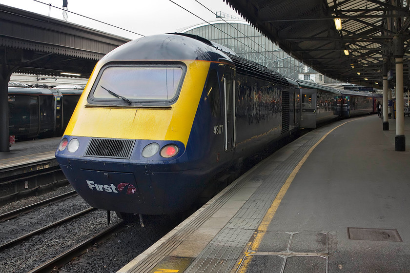 43177, GW 15.03 London Paddington-Plymouth (1C86, 8L), London Paddington station 
 With less than five minutes before its departure time, there is still no driver in the cab of 43177 that is going to lead the 15.03 from Paddington to Plymouth via the Berks and Hants line. 43177 was a relatively late HST delivery during the summer of 1982 when it was introduced as part of set 253048. Unlike its counterpart at the rear of this train, 43029, I have plenty of pictures of 43177, a number also at Paddington; it's funny how things go in this game! 
 Keywords: 43177 1C86 London Paddington station