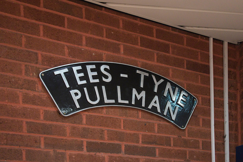 Replica headboard, Morrisons supermarket, Bishop Auckland 
 Another of the replica nameplates and headboards on display in the Morrisons lobby at Bishop Aukland. The Tees-Tyne Pullman operated on the ECML from 1948 and was finally discontinued in 1976. For many years it ran with a dedicated set of Pullman coaches and marshaled in the train was the celebrated 'Hadrian Bar'. In its later years, the titled train was usually headed by a class 55 deltic. 
 Keywords: Replica headboard Morrisons supermarket, Bishop Auckland