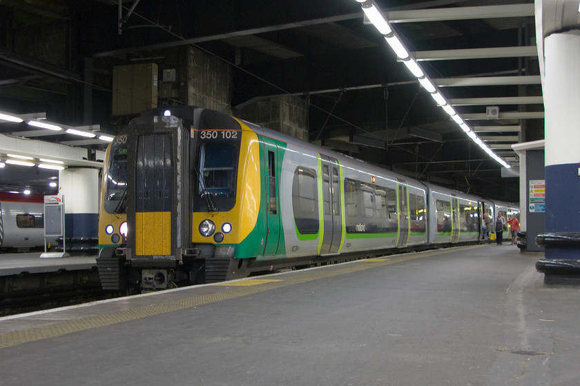 350102, LM 20.49 London Euston-Crewe, London Euston station 
 After our lovely day out in London followed by dinner at our favourite Greek restaurant, our train home to Northampton waits at Euston station. We took London Midland's 350102 back to Northampton as the 20.49 to Birmingham New Street. 
 Keywords: 350102 20.49 London Euston-Crewe London Euston station Desiro London Midland