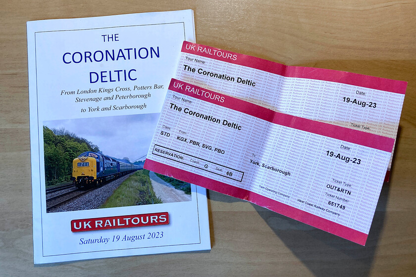 Tickets & charter guide 
 The tickets and guide for The Coronation Deltic charter that Andy and I travelled on from Peterborough to Scarborough. It was a shame that 55009 'Alycidon' disgraced itself on the return journey at Retford but UK Railtours did a great job informing customers and helping them with onward travel due to the late arrival back into London. 
 Keywords: Tickets charter guide