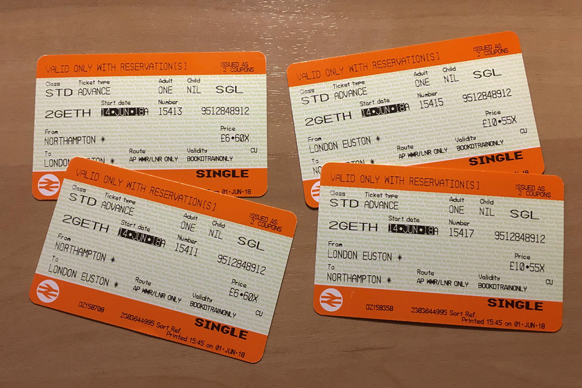 Tickets, Northampton-London Euston-Northampton 
 33 return from Northampton to Euston, another variation of the fare we pay. 
 Keywords: Tickets, Northampton-London Euston-Northampton