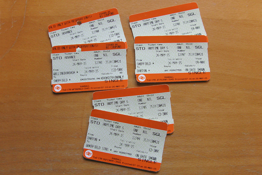 Tickets, Wellingborough-Wakefield 
 Our tickets from Wellingborough to Wakefield. At 28.80 each this works out to be just over four pence per mile that is pretty good value. 
 Keywords: Tickets, Wellingborough-Wakefield