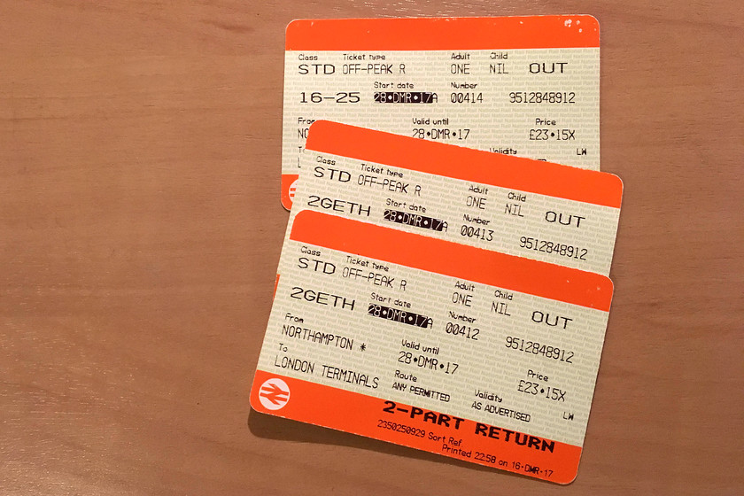 Tickets, Northampton-London Euston 
 Had the prices gone up all of a sudden as it was between Christmas and New Year? The return fare was about 5 each more expensive than from a couple of weeks earlier. Is there a conspiracy here or has my wife not done her job properly to get the cheapest fares available? 
 Keywords: Tickets Northampton-London Euston