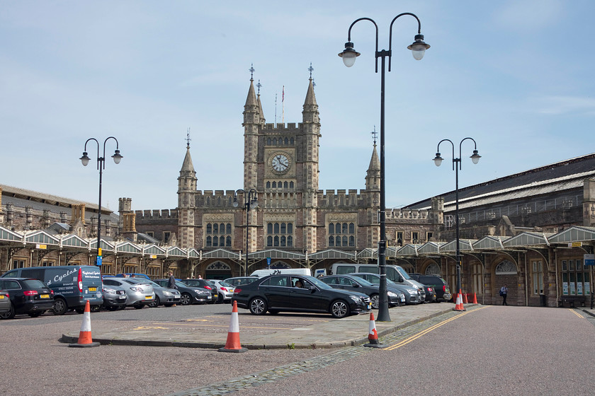 Frontage, Bristol Temple Meads station 
 The classic frontage of Bristol Temple Meads station, a familiar sight to many a traveller since it was opened in the 1870s. The earlier station building, opened by the Great Western in 1840, is the structure to the left, now used as a car park! The later through platforms, and the ones that are in use today, is seen to the right of the image. Until World war II there was a spire atop the tower above the clock face. 
 Keywords: Frontage Bristol Temple Meads station