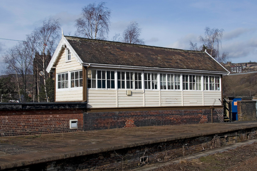 Halifax signal box (L&Y, 1884) (Closed) 
 I have a couple of pictures of Halifax signal box in happier times when it was still open. Since October 2018, it has been closed but is still very much intact on Halifax's redundant platform one. It was constructed by the Lancashire and Yorkshire railway in 1884 and is a listed structure as it is within the curtilage of the station. An FOI request in January 2018 reveals the Network Rail has no plans to demolish it with them seeking to look actively for a future and appropriate use or to remove it for alternative use elsewhere. 
 Keywords: Halifax signal box