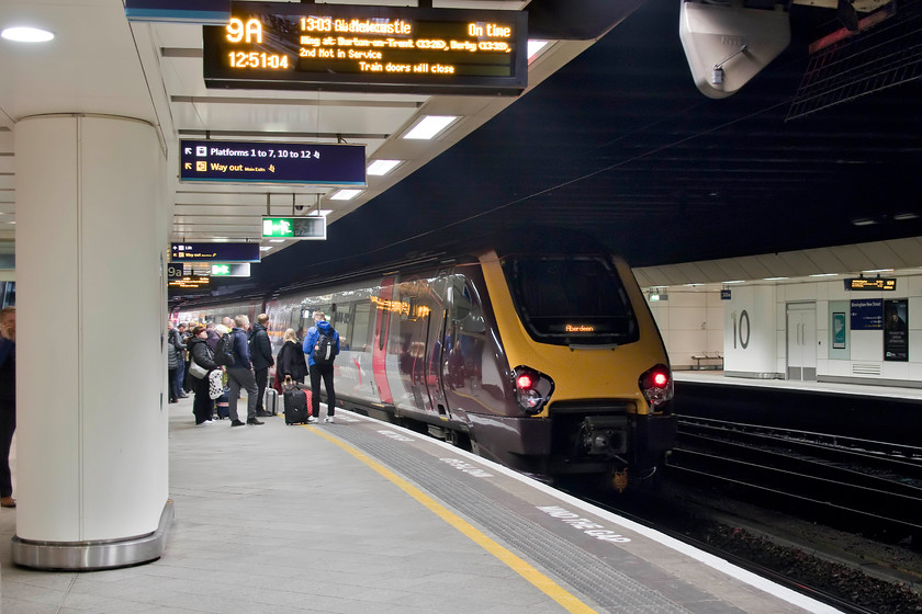 220029, XC 13.03 Birmingham New Street-Aberdeen (Cancelled from Durham) (1S45, 69L), Birmingham New Street station 
 By this stage in the afternoon (13.00) we were supposed to be passing Sheffield! Due to the utter incompetence of London Northwestern, we are still at New Street waiting to board 220029 working the 13.03 to Aberdeen. This was a train that we had no reservations on, that was not the one shown on our tickets and one that was to be very full. It was also the one that got us into Leeds an hour and a half after we were supposed to have arrived. Unfortunately, passengers north of Durham were also in for problems as the service was cancelled thereafter arriving over an hour late due to a fatality on the line at Chester-Le-Street. I suppose compared with our problems, this was nothing. However, the big difference was that our situation was totally avoidable with the application of some common sense! 
 Keywords: 220029 13.03 Birmingham New Street-Aberdeen 1S45 Birmingham New Street station