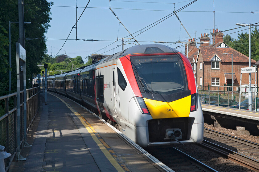 745101, LE 09.57 Stansted Express-London Liverpool Street (1B35, RT), Stansted Mountfitchet station 
 With the rear of the train just catching a little morning sunshine at Stansted Mountfitchet station it leaves heading towards London just thirty-three miles away. Greater Anglia's 745101 is working the 09.57 Stansted to Liverpool Street service. 
 Keywords: 745101 09.57 Stansted Express-London Liverpool Street 1B35 Stansted Mountfitchet station FLIRT Stadler Greater Anglia