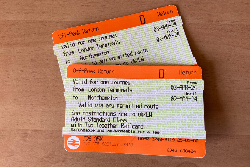 Tickets, London Euston-Northampton 
 Our return tickets from Euston to Northampton. There were no dramas, unlike the outward journey that saw us transferring to the MML and travelling down from Wellingborough to St. Pancras! 
 Keywords: Tickets London Euston-Northampton