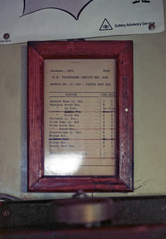 Notice, dated November 1953 
 Graham and I were lucky to be permitted access to Witham signal box in Somerset. Set in a very remote spot the signal box was an intermediate block post between Blatchbridge Junction to the east and Bruton to the west with the latter often switched out with the next block post then Castle Cary. In the box, we came across this interesting paper notice listing the bell call codes of every box between Castle Cary and Heywood Road with some scribbled out such as Frome South. 
 Keywords: Notice dated November 1953