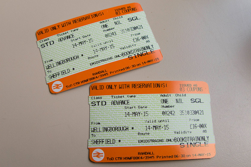 Tickets, Wellingborough-Sheffield 
 Our advanced single tickets from Wellingborough to Sheffield. Reasonable value at 16 each working out at seventeen pence per mile. 
 Keywords: Tickets Wellingborough Sheffield