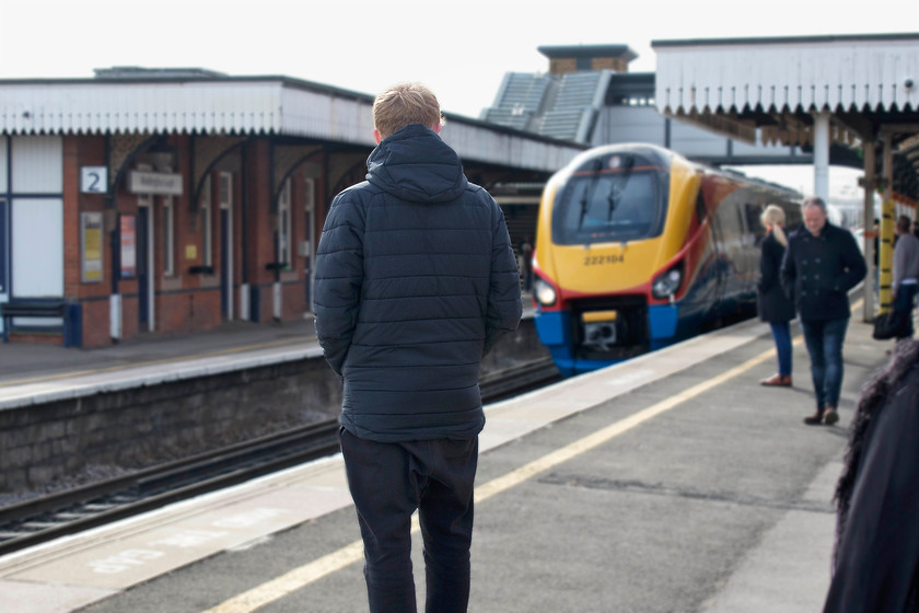 222104, EM 09.05 London St. Pancras-Nottingham (1D16, 6L), Wellingborough station 
 My son watches 222104 arrive at Wellingborough station forming the 09.05 from St. Pancras to Nottingham. We travelled on this train as far as Leicester. 222104 is one of four that make up a sub-set of the class. These units, all with the one prefix, were originally painted green and operated by Hull Trains and called Pioneers. They joined the East Midland's fleet in 2008/9. 
 Keywords: 222104 09.05 London St. Pancras-Nottingham 1D16 Wellingborough station